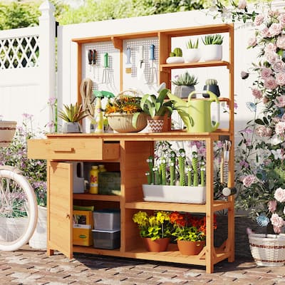 Fir Wood Potting Bench with Hutch, Garden Workstation for Planting, 4 Shelves & Adjustable Storage, Pegboard with Hooks