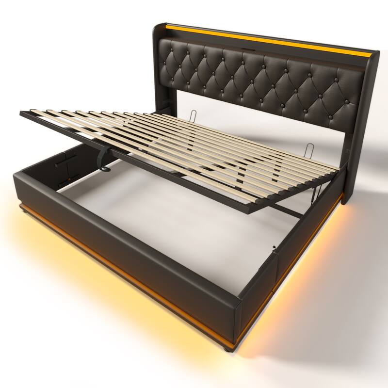 Metal Frame Storage Bed LED PU Upholstered Platform Bed, King