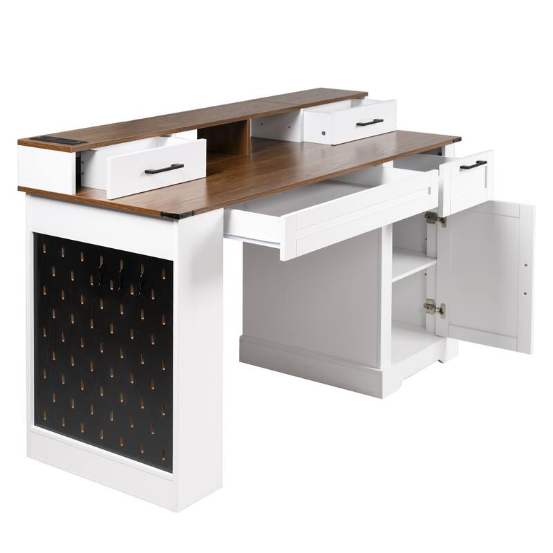 Roomfitters 55" Farmhouse Office Desk with Barn Door Cabinet, Pegboard & Charging Station
