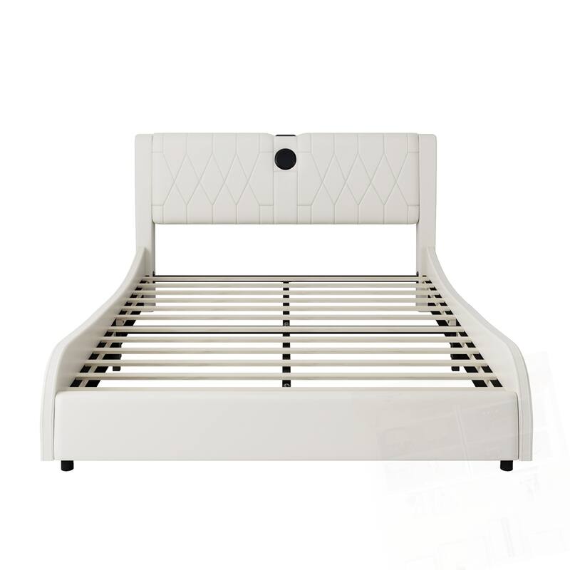 Luxurious Faux Leather Upholstered Platform Bed with Bluetooth Speakers and RGB LED Light