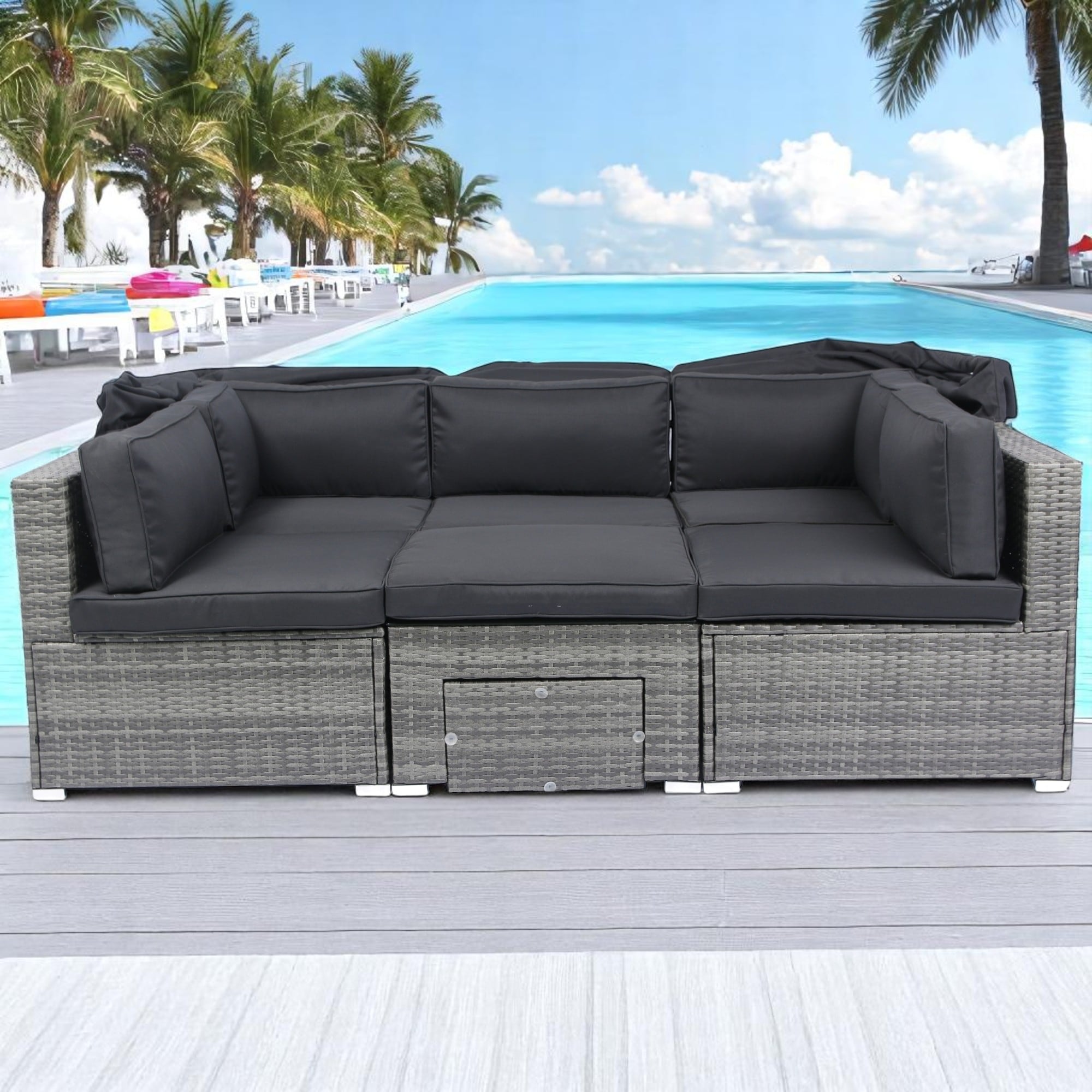 7-Piece Outdoor Patio Furniture Set with Retractable Canopy,Wicker Rattan Sectional Sofa for Lawn, Garden, Backyard, or Poolside