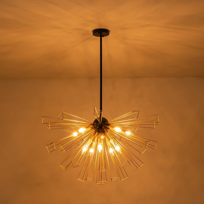 10-Light Modern Glam Gold Linear Sputnik Pendant Light Starburst Firework Semi-Globe Chandelier for Diving Room