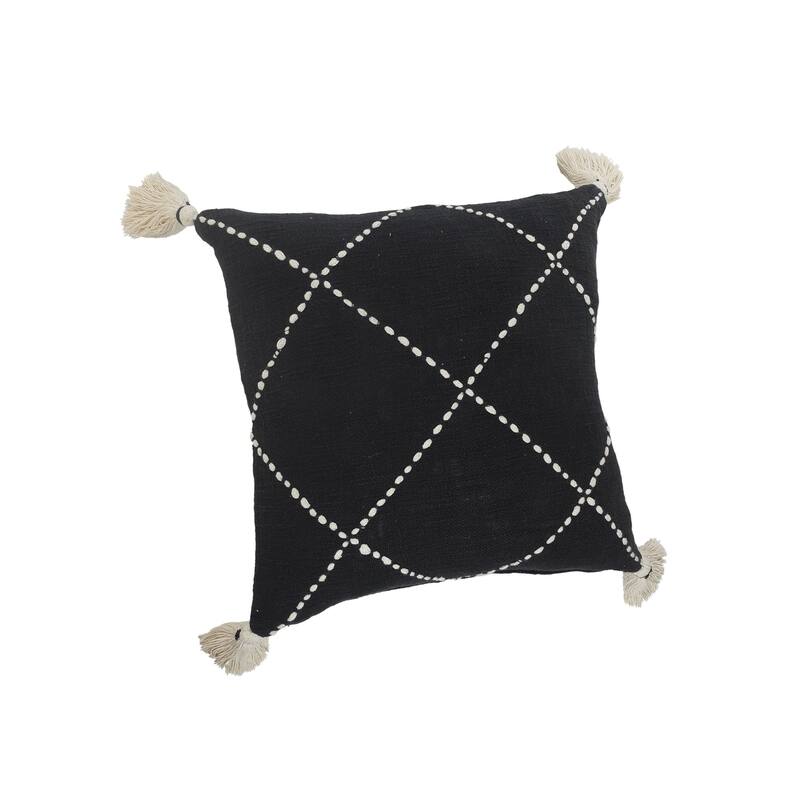 20" Black and White Geometric Tasseled Square Throw Pillow