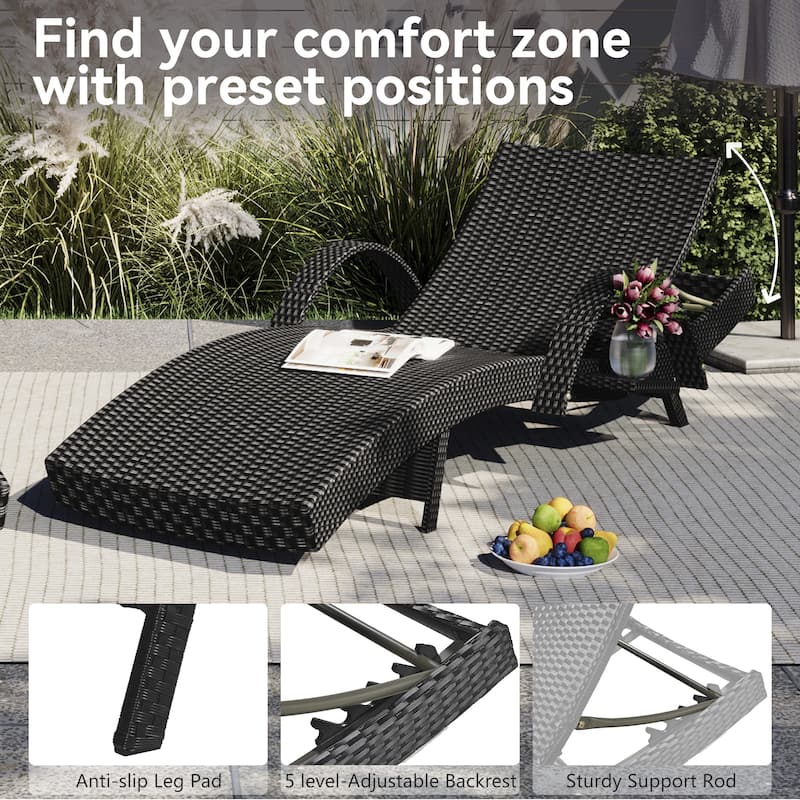 2-Piece 80''Lounge Chairs,Patio Rattan Reclining Chair Pull-out Table Adjustable Backrest Ergonomic Wave Sunbathing Recliners
