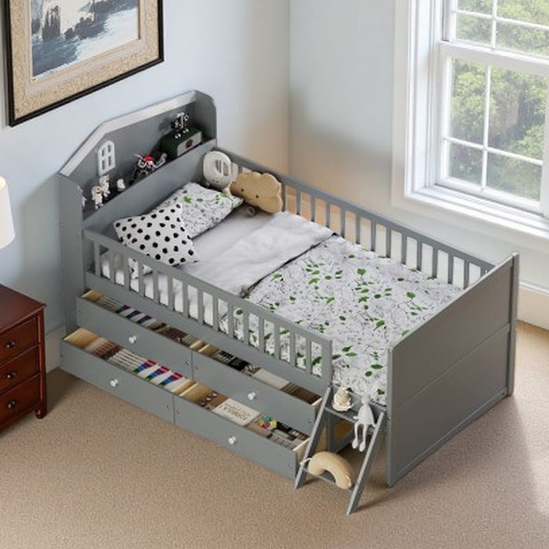 Twin Kids Platform Bed with 4 Storage Drawers, Guardrail Headboard, Ladder & Built-In Shelf, Gray Wood Frame