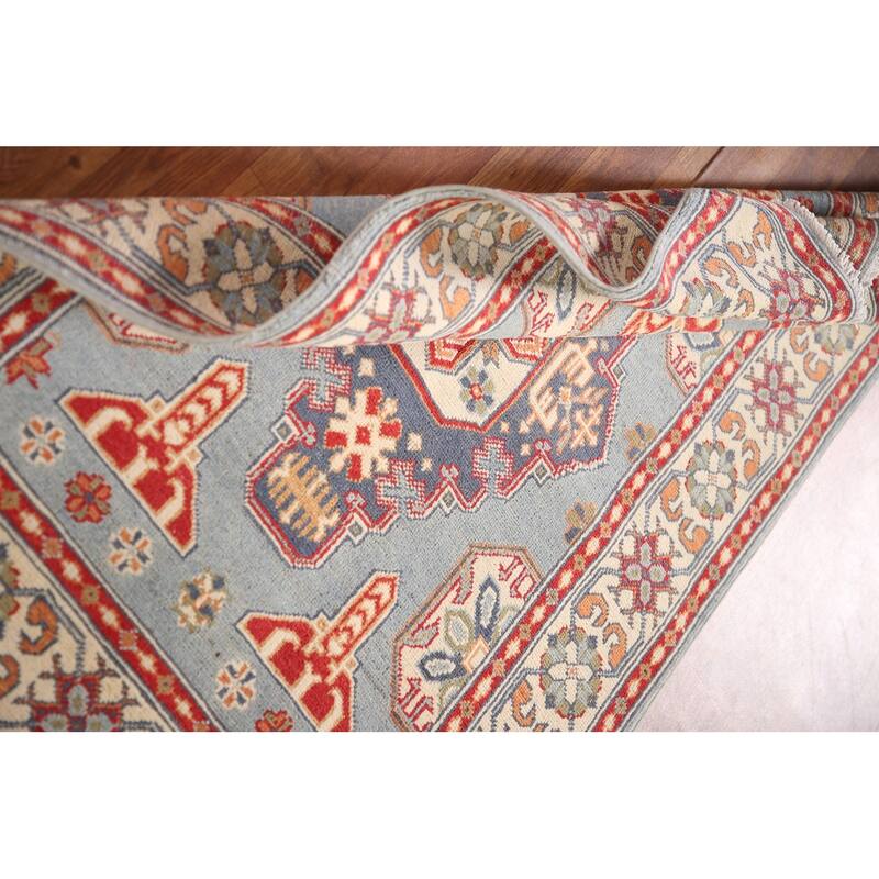 Light Blue Geometric Kazak Oriental Rug Handmade Wool Carpet - 3'2"x 4'8"