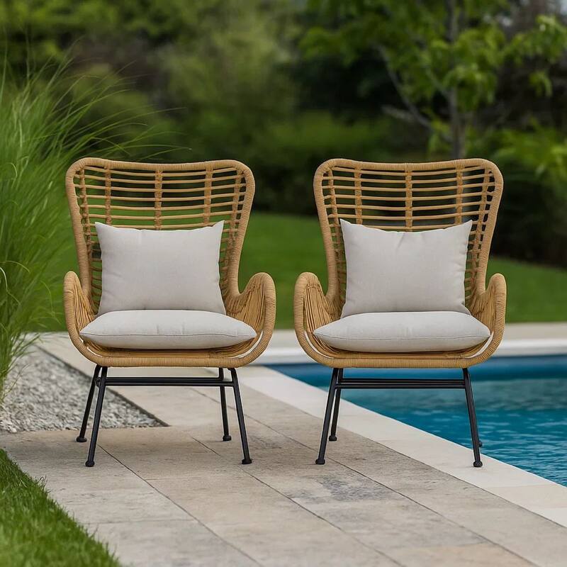 Margo Outdoor Accent Chair, Brown Woven Rattan, Beige, Black Metal