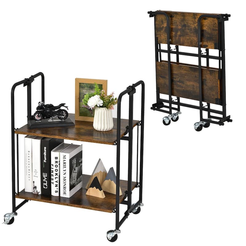 Gymax 2-Tier Folding Bar Cart Kitchen Serving Island Utility Cart - Kitchen Cart - Brown