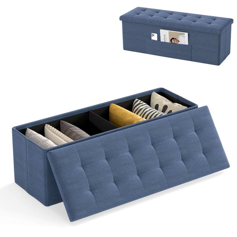 Large 38 Gallon Linen Fabric Storage Ottoman Bench Folding Multipurpose Footrest and Seat with Foam Cushion - 43" × 15" × 15"