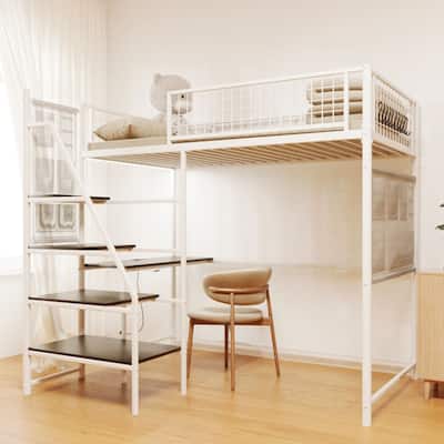 White Twin Loft Metal Bed with Built-in Desk, Storage, and LED Lighting