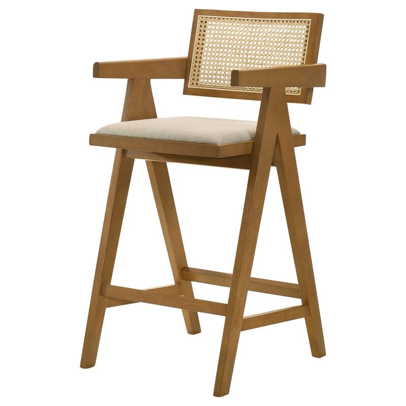 Jane Barstool Chair Set of 2, Sand Beige Rattan, Walnut Brown Solid Wood