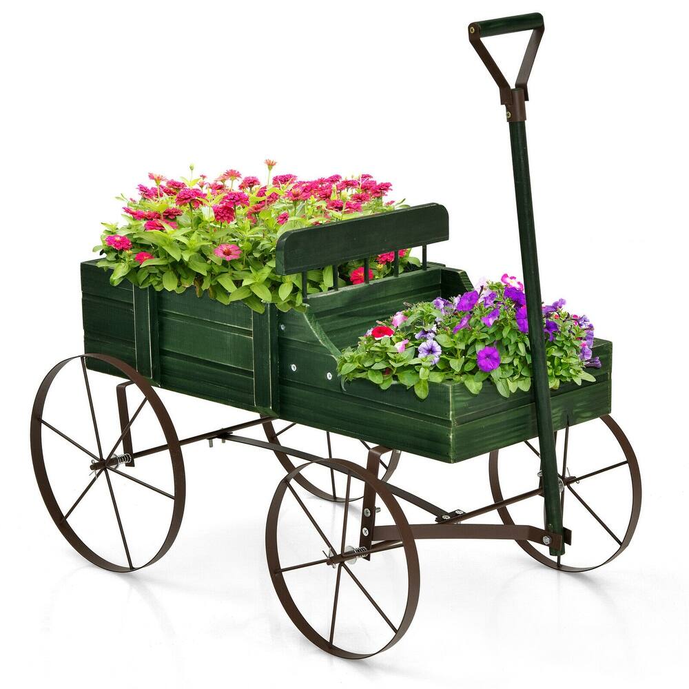 Gymax Garden Plant Planter Wooden Wagon Planter W/ Wheel Garden Yard - 24.5'' x 13.5'' x 24''