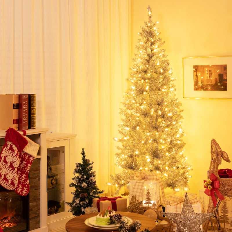 Gymax 6 FT Pre-lit Artificial Silver Tinsel Christmas Tree Slim Pencil