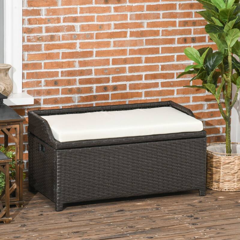 Outdoor Wicker Storage Bench Deck Box Pool Container Storage Box with Interior Waterproof Bag 2 Side Handles and Cushion - White