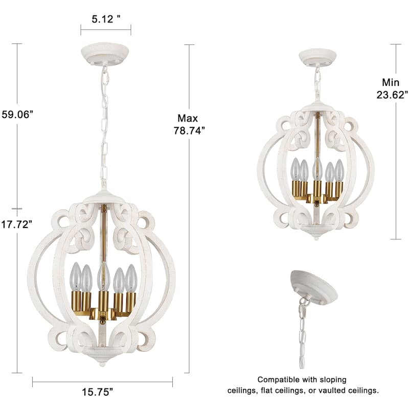 15.75“ 5-Light Rustic Pendant Light, Wood Ceiling Light Farmhouse Shabby Chic Chandelier, Classic Semi Flush Mount Chandelier