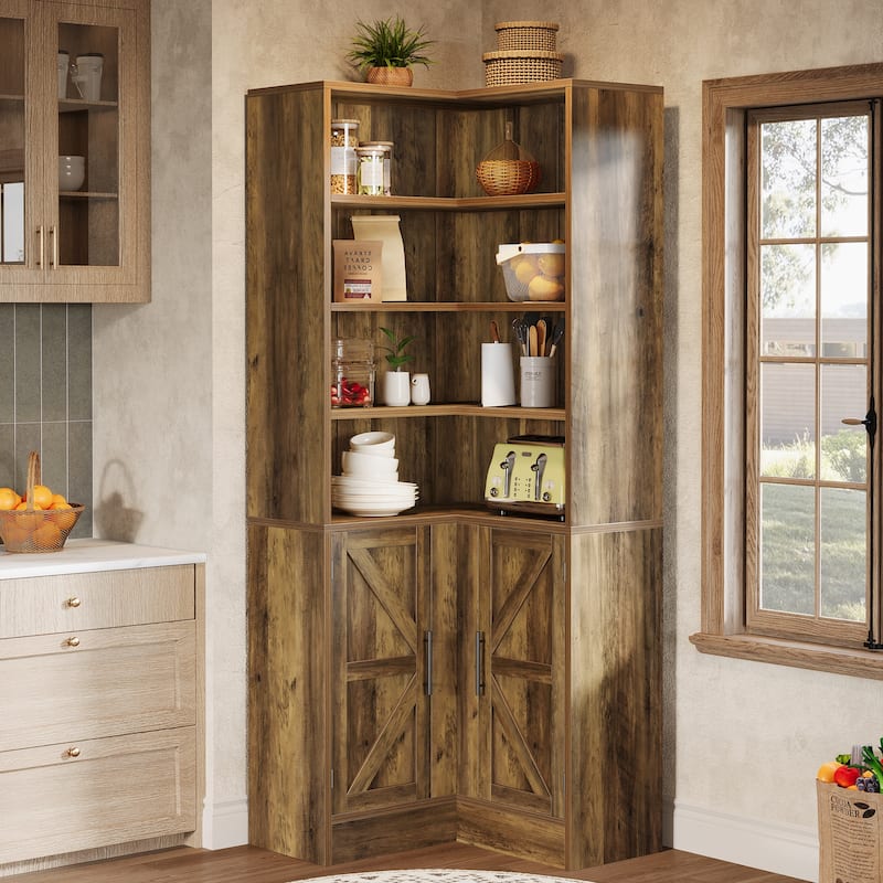 Corner Cabinet, 74'' Tall Kitchen Pantry Cabinet, 6-Tier Corner Pantry - Brown