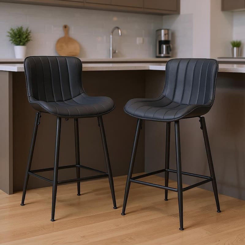 HomeRoots Set of Two 27" Black Faux Leather and Metal Low Back Counter Height Bar Chairs - Counter Height - Black - Set of 2