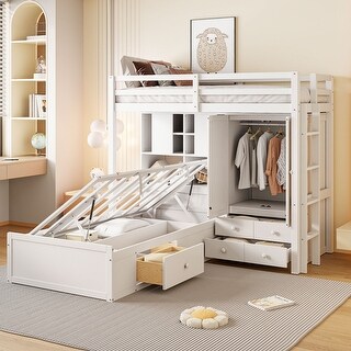 Twin Bunk Bed with 6-Drawers, Built-In Wardrobe, Storage Shelves & Hydraulic Lift Bed, Space-Saving Storage Solution, White