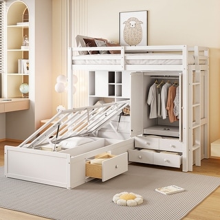 Wood L-Shaped Bunk Bed with Wardrobe & 6 Drawers, Twin Size White Hydraulic Bedframe w/ Storage Cabinet, Large Storage Space Bed