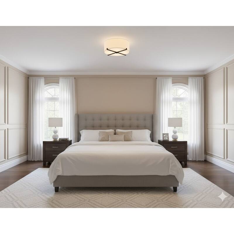 Black Stainless Steel Flush Mount with White Fabric Shade