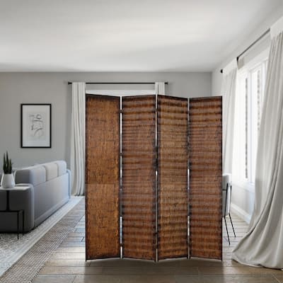 Dual Tone 4 Panel Wooden Foldable Room Divider with Wavy Design, Brown