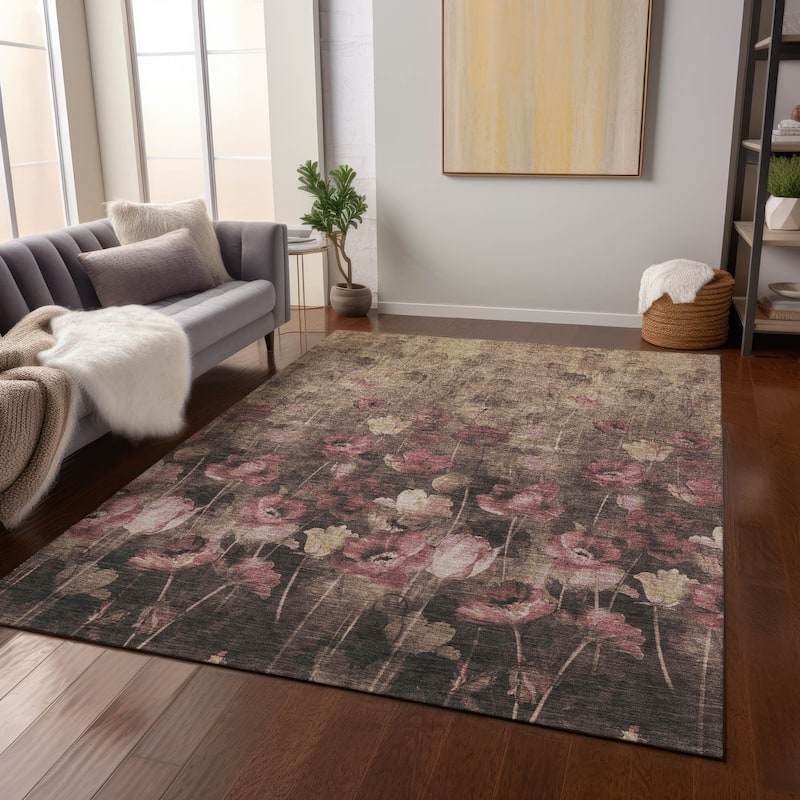Machine Washable Indoor/ Outdoor Modern Floral Chantille Rug - Taupe - 10' x 14'