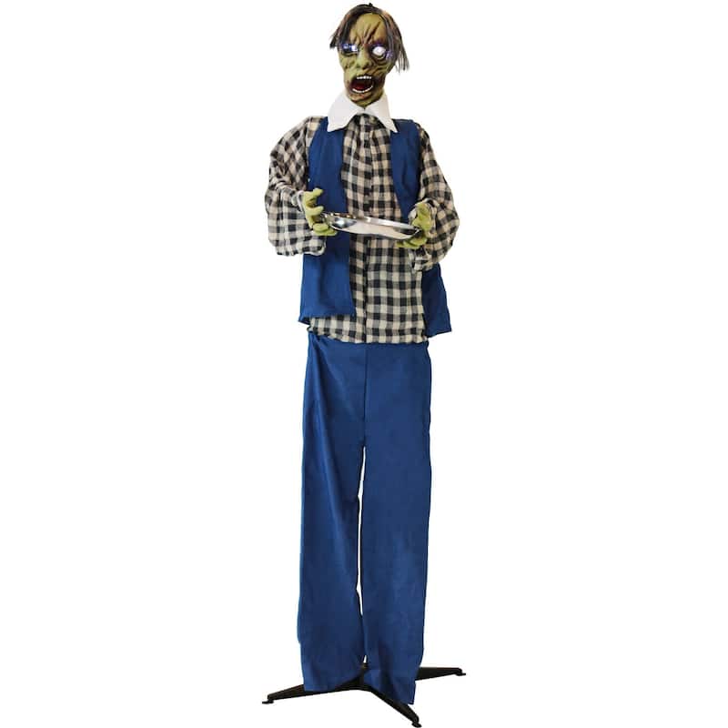 Haunted Hill Farm 6.25-ft. Zombie Waiter, Indoor/Covered Outdoor Halloween Decoration, LED Purple Eyes, Poseable, Timmy