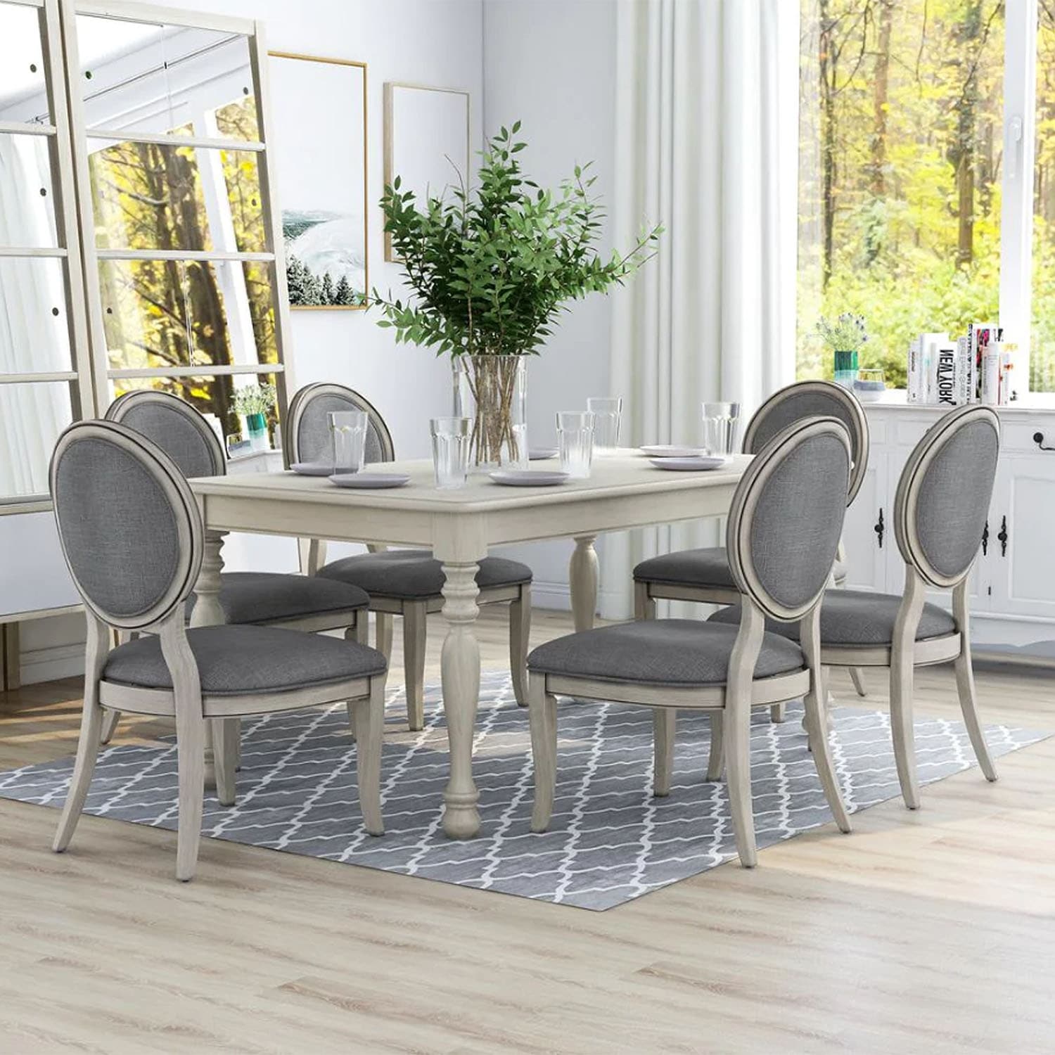 7 Piece Dining Set in Antique White and Gray Finish