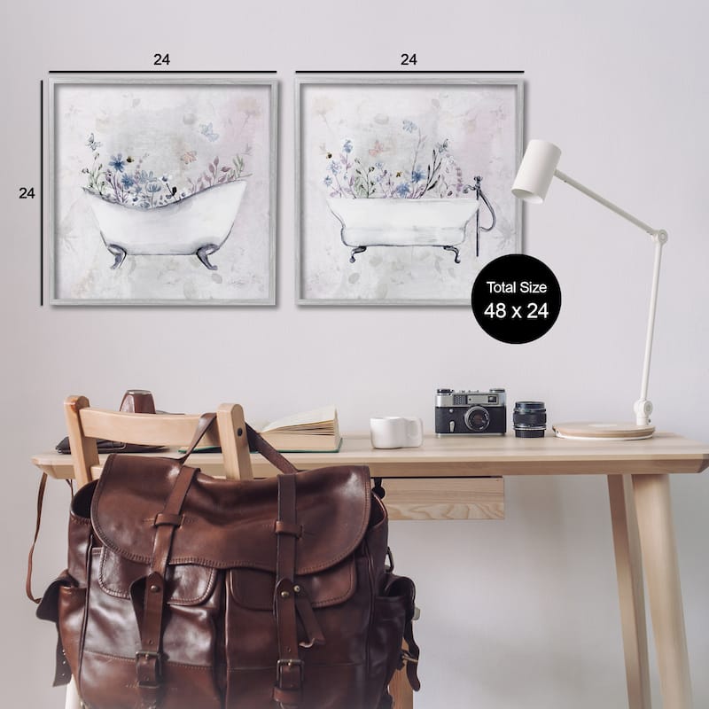 Stupell Antique Tubs with Botanics Framed Giclee Art Design By Stella Chang (Set of 2)