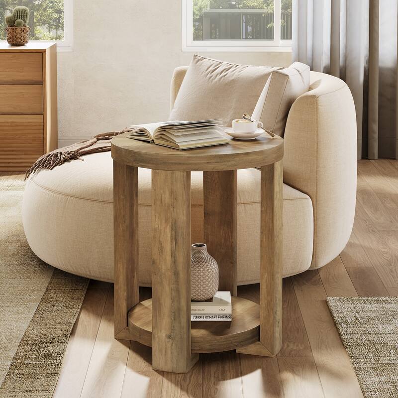 2-Tier Round End Table, Side Accent Snack Table, Living Room Bedroom Bedside Nightstand Furniture - Brown