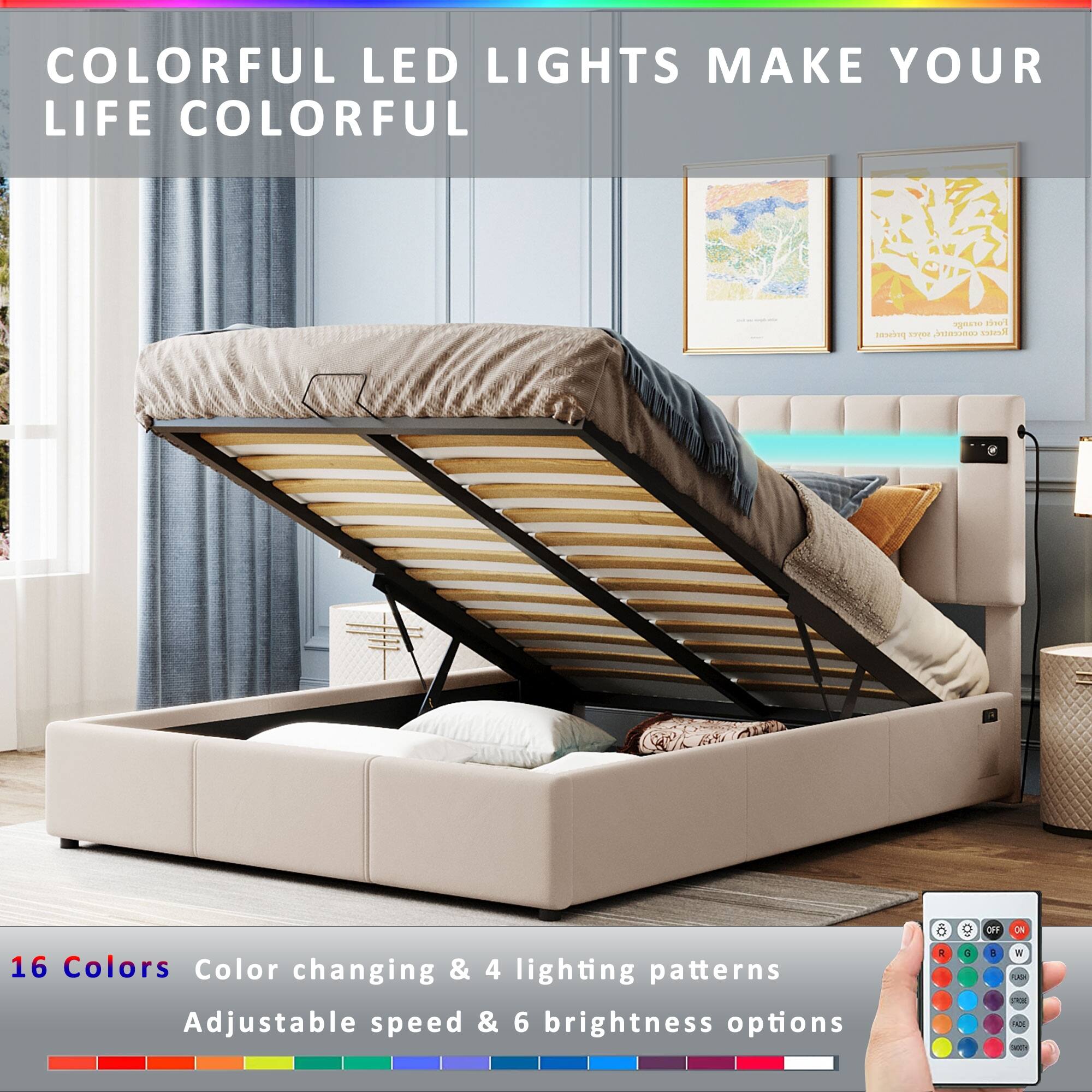 Queen Upholstered Platform Bed with LED Light, Bluetooth Player & USB