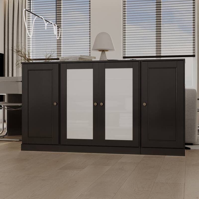 Palace Imports 100% Solid Wood 65" Sideboard with Solid, Frosted Glass Doors, 2-Drawers and Adjustable Shelves