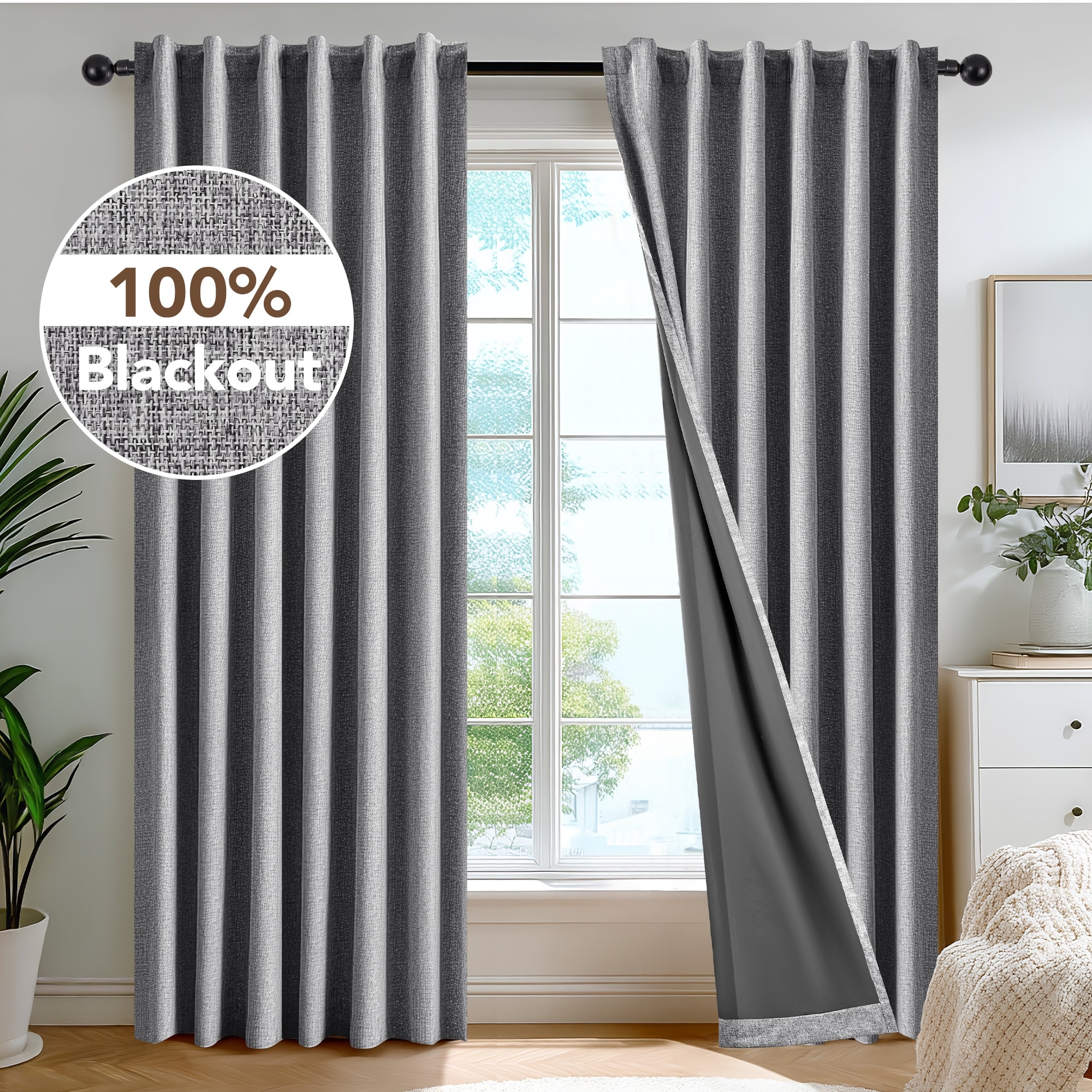 Deconovo TPU Coated Full Blackout Faux Linen Curtain Panel Pair(2 Panels)