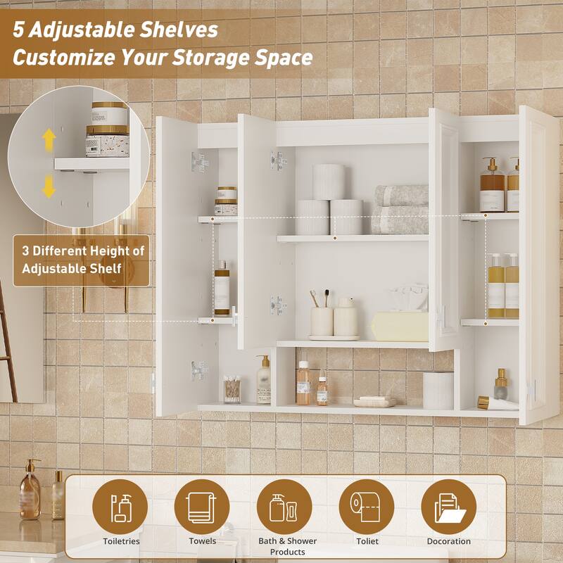 36" Wall Mounted Bathroom Medicine Cabinet with 5 Adjustable Shelves, Modern Storage Cabinet with Soft Close Hinges