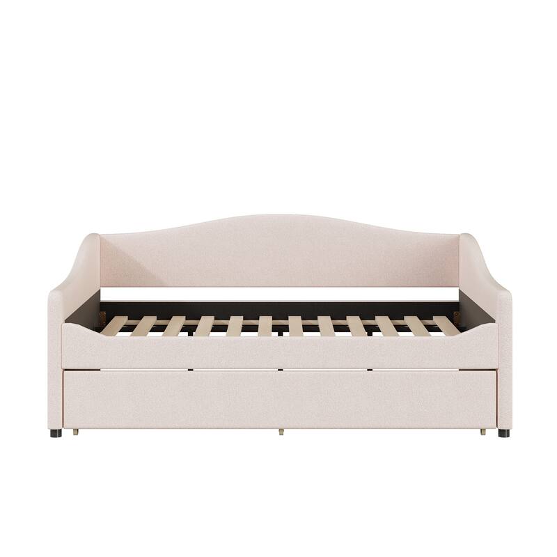 Full Size Upholstered Daybed with LED Lights, Teddy Fleece Fabric, and Twin Trundle, Ideal for Sleepovers
