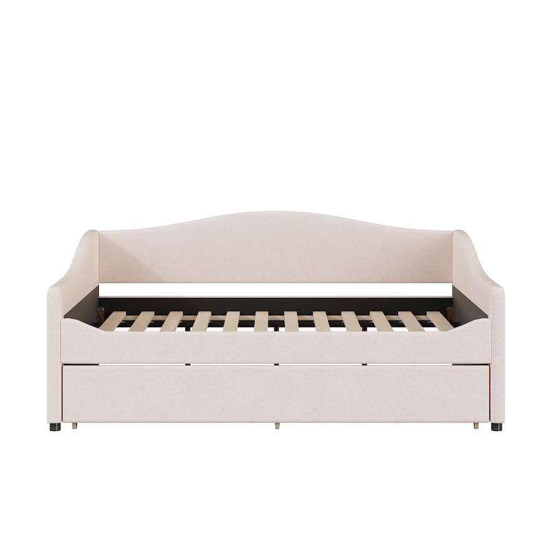 Full Size Upholstered Teddy Fleece Daybed with Trundle and Light Stripes, Beige