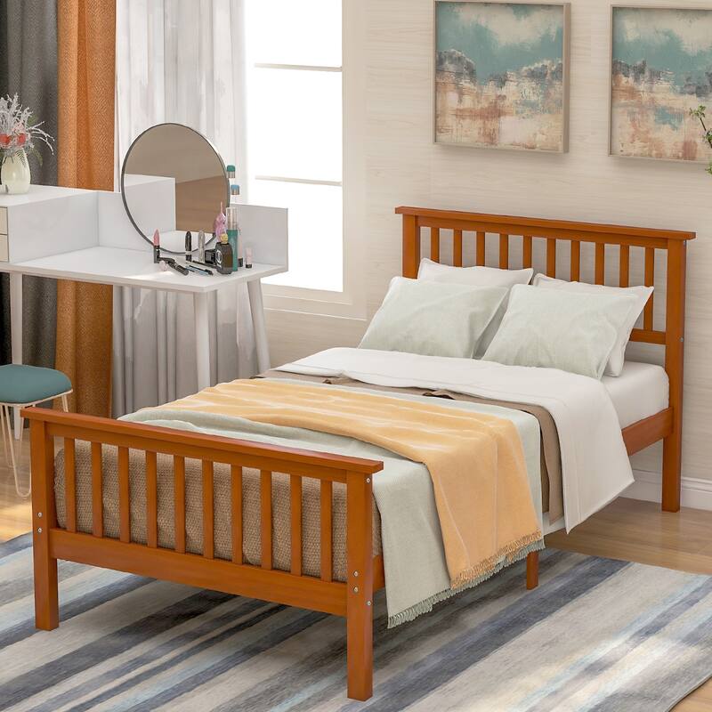 Wood Platform Bed Twin Size Slat Bed Frame with Fence-shaped Hollow Headboard, Footboard and Solid Wood Slat Support