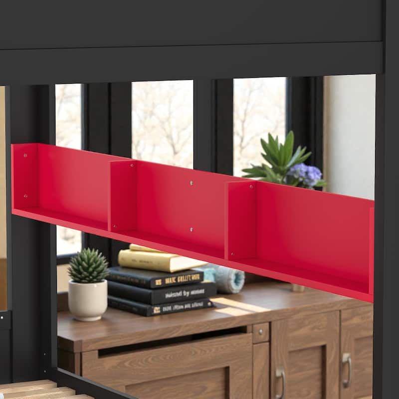 Queen Over Queen Solid Wood Bunk Bed with Storage Drawers and Shelves, Built In Hooks, No Box Spring