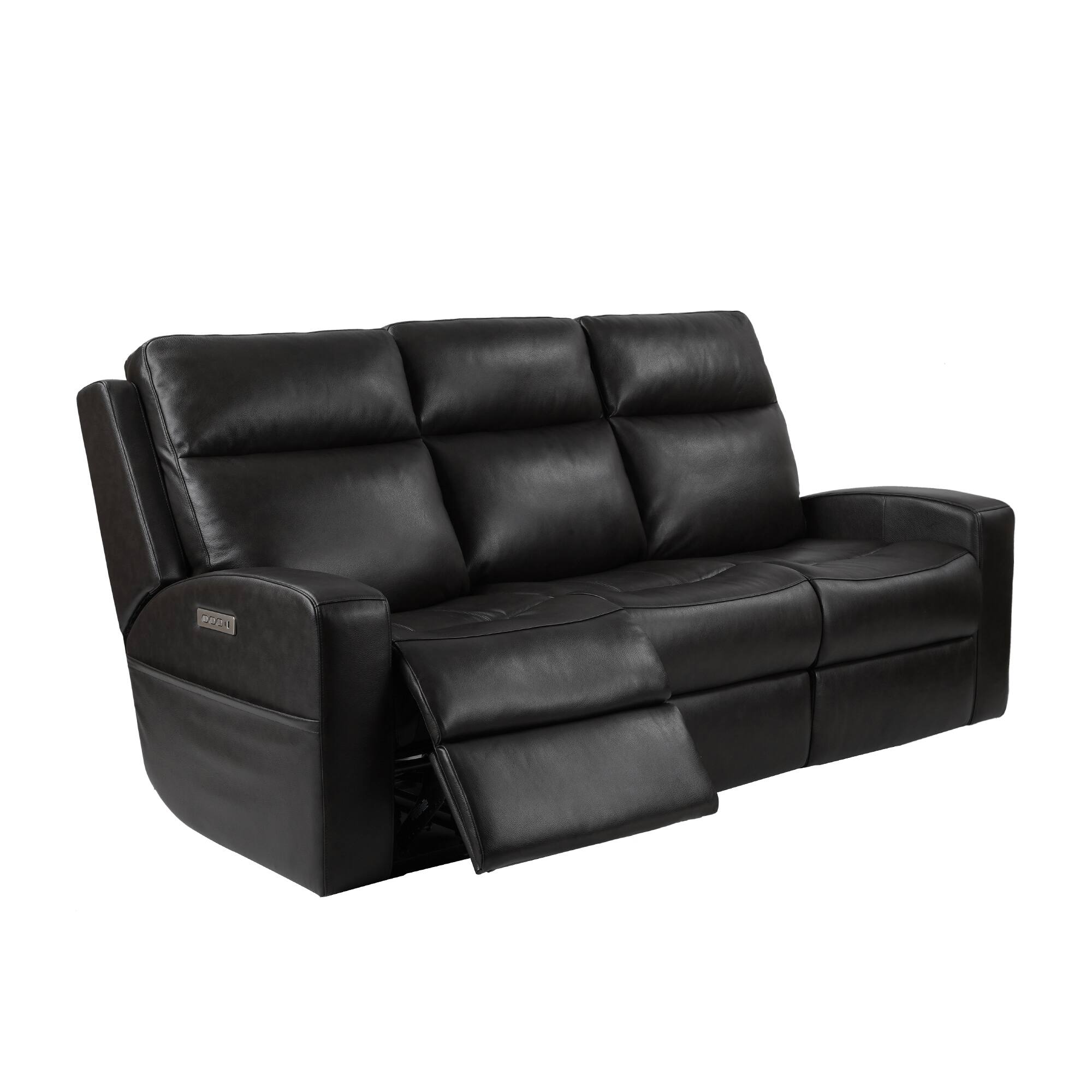 Black Top Grain Leather 3 Seater Power Reclining Sofa, Lumbar Support