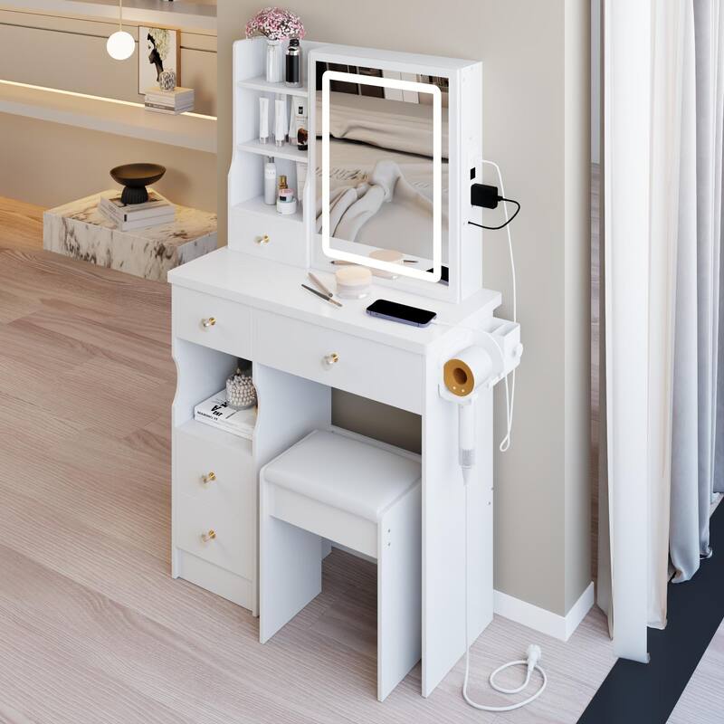 Small Vanity Desk with Sliding Mirror and LED Lights, Makeup Dressing Table with Drawers, Stool & Hair Dryer Bracket