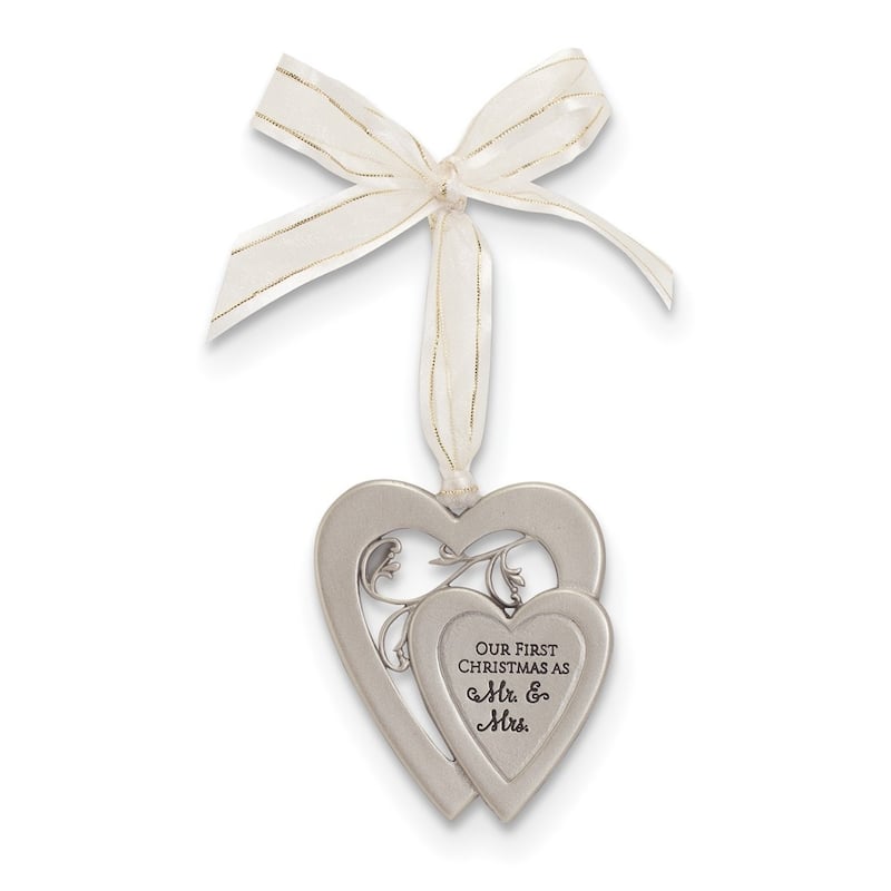 Curata Silver-Tone Our First Christmas As Mr. and Mrs. Double Heart Ornament on Ribbon