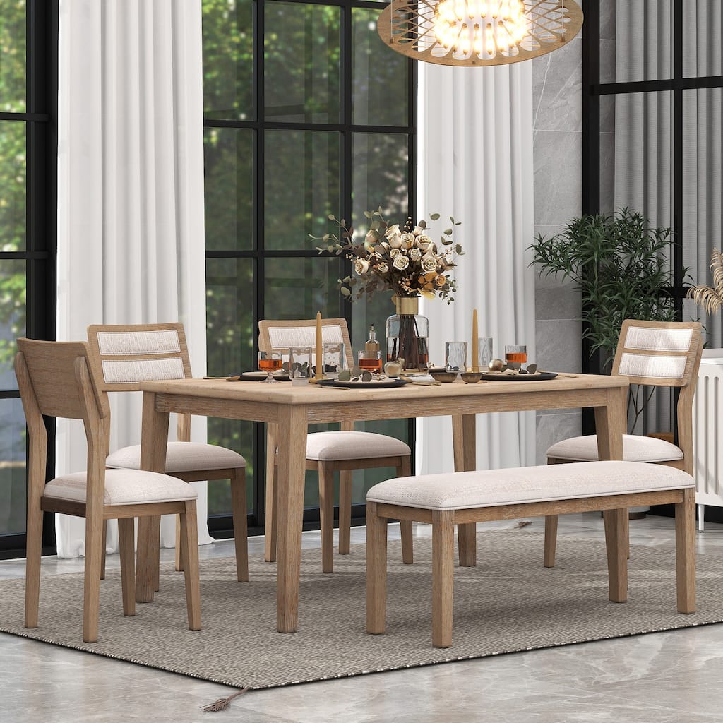 Natural Wood Wash Traditional 6-Piece Wooden Dining Table Set with 4 Chairs & Bench