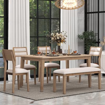 Traditional 6-Piece Wooden Dining Table Set with 4 Chairs & Bench