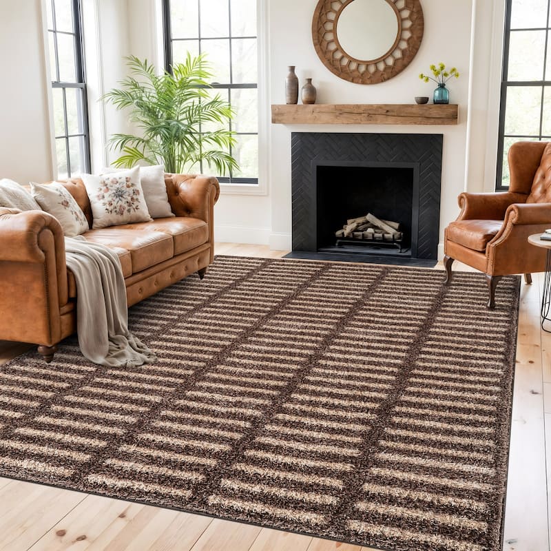 Bohemian Stripe Lines Shag Rug - Textured Surface - Anthracite Dark Gray - Easy to Clean - Beige - 7' 10" x 10'