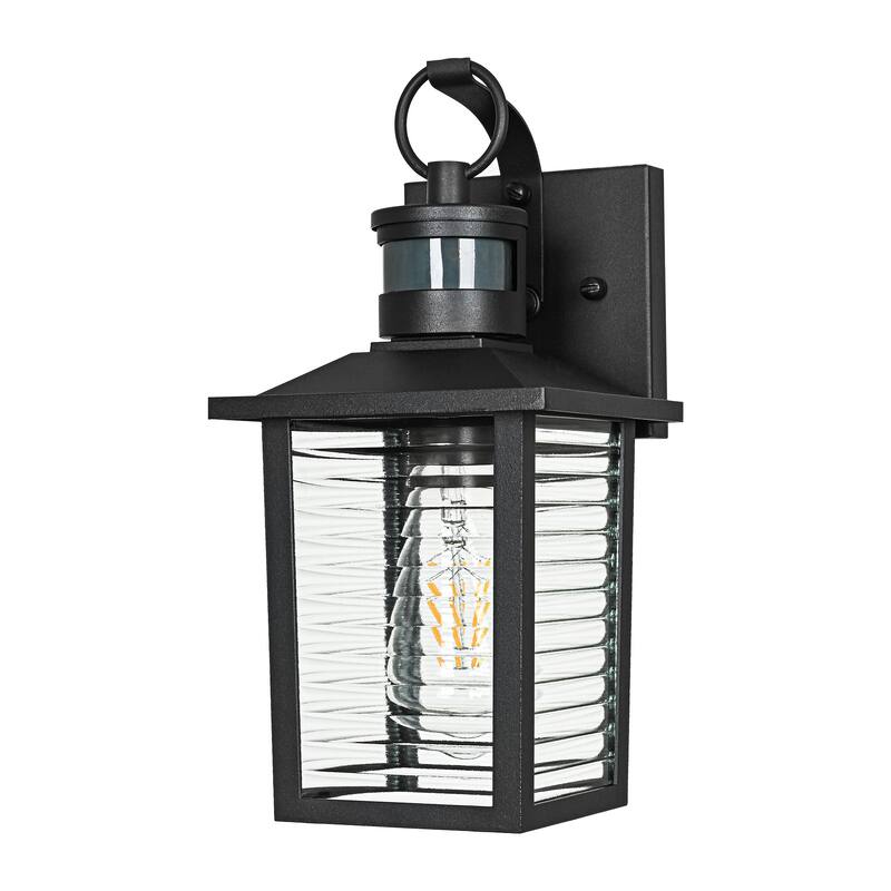13 in. Sand Black 1-Light Motion Sensing Outdoor Wall Sconce with Dusk to Dawn and Clear Glass Shade