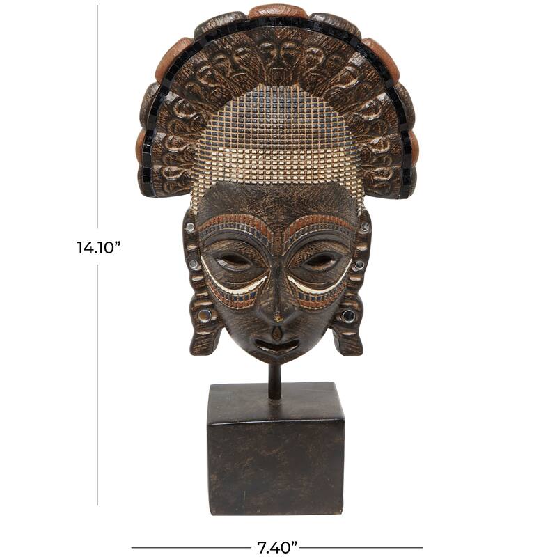 Brown Polystone Primitive African Mask and Standing African Woman Sculpture Wall Decor