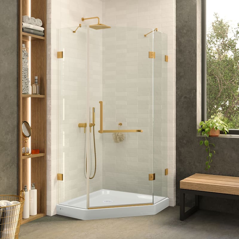 Neo Angle, Acrylic Shower Base with Compatible Glass Frameless Shower Enclosure - 30" x 30" - Satin Brass