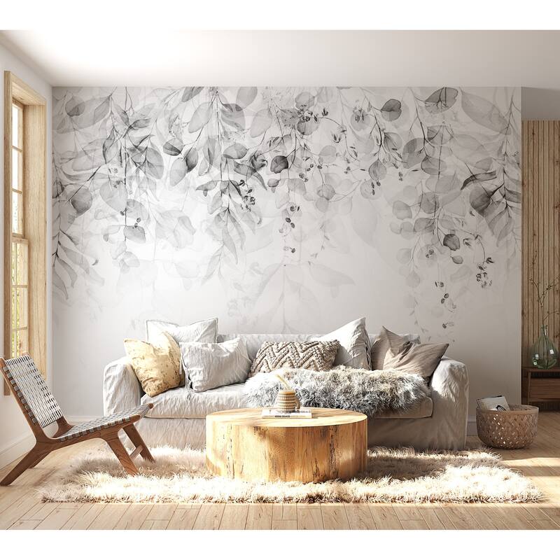 Floral Non-pasted Wallpaper Wall Mural - Watercolor Leaves Grey.