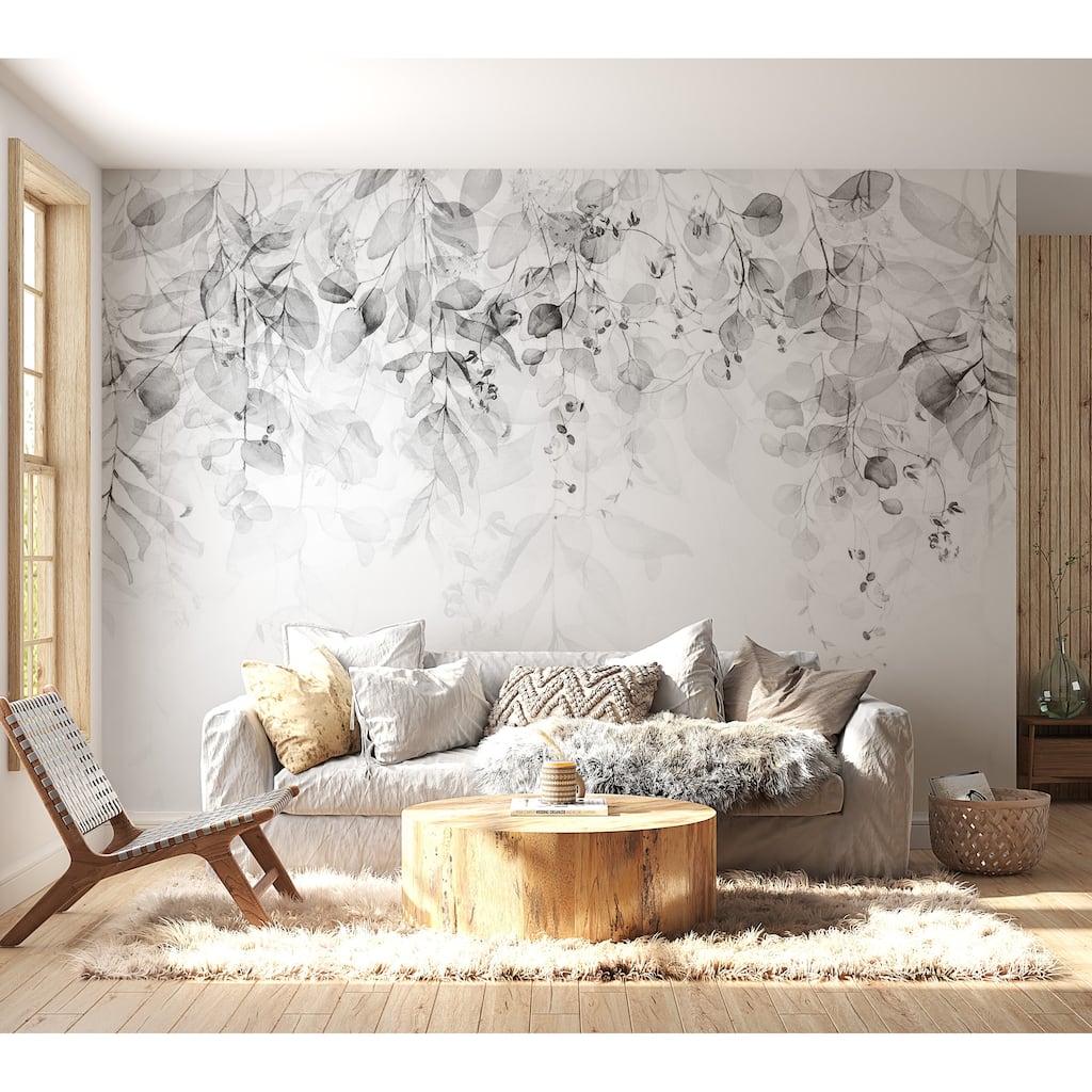 Floral Non-pasted Wallpaper Wall Mural - Watercolor Leaves Grey.