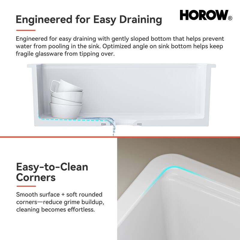 HOROW 33 in. Drop-In Single Bowl Ceramic White Kitchen Sink Standard and Bottom Grid, Drain Assembly, Cutting Board